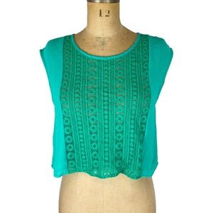 Naked Zebra Spearmint Green Floral Lace Front Cropped Boho Blouse Size S